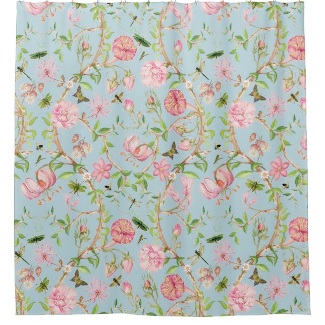 Tropical Vintage Butterflies Garden Chinoiserie Shower Curtain (Front)