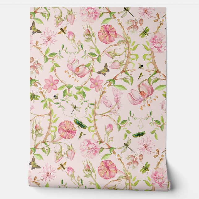 Tropical Vintage Butterflies Garden Chinoiserie Wallpaper (Unrolling)