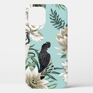 Tropical vintage crane bird, parrot, lotus flowe iPhone 12 case