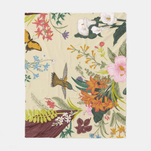 Tropical Vintage Floral Tapestry Fleece Blanket