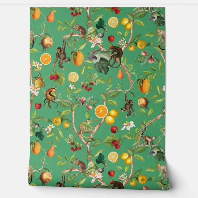 Tropical Vintage Monkey Fruit Garden Chinoiserie Wallpaper (Unrolling)