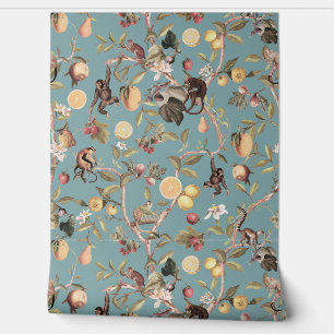 Tropical Vintage Monkey Fruit Garden Chinoiserie Wallpaper