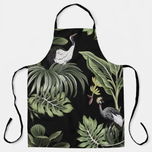 Tropical vintage night crane bird, palm trees, ban apron
