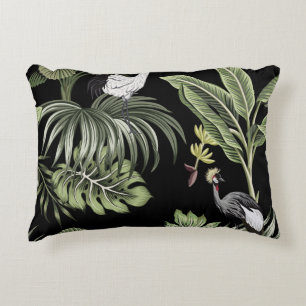 Tropical vintage night crane bird, palm trees, ban decorative cushion