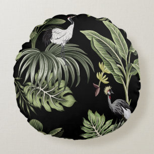 Tropical vintage night crane bird, palm trees, ban round cushion