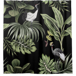 Tropical vintage night crane bird, palm trees, ban shower curtain
