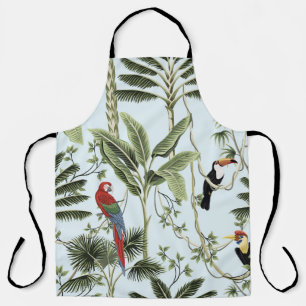 Tropical vintage palm trees, liana, macaw parrot, apron