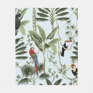 Tropical vintage palm trees, liana, macaw parrot, fleece blanket