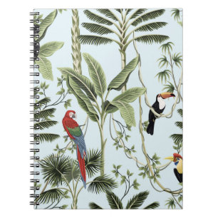 Tropical vintage palm trees, liana, macaw parrot,  notebook