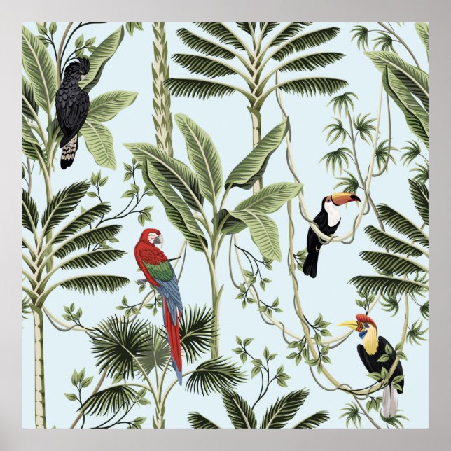 Tropical vintage palm trees, liana, macaw parrot,  poster (Front)