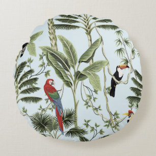 Tropical vintage palm trees, liana, macaw parrot,  round cushion