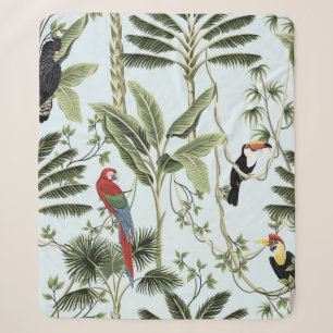 Tropical vintage palm trees, liana, macaw parrot,  sherpa blanket