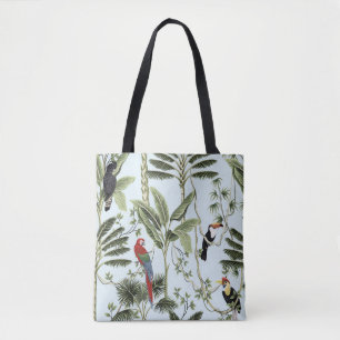 Tropical vintage palm trees, liana, macaw parrot, tote bag