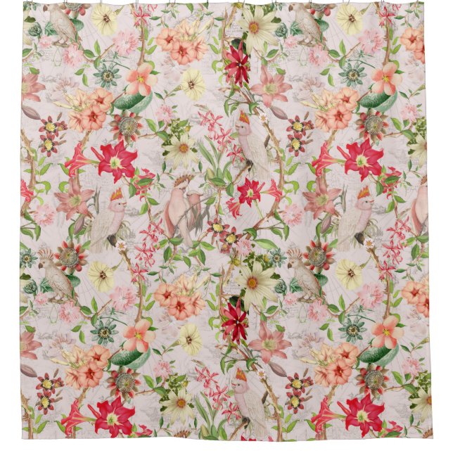 Tropical Vintage Parrots Garden Chinoiserie  Shower Curtain (Front)