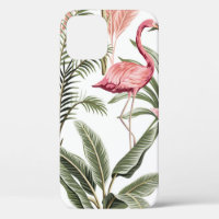 Tropical vintage pink flamingo, banana trees and