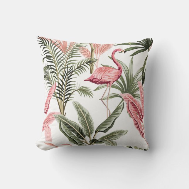 Tropical vintage pink flamingo,  banana trees and  cushion (Front)