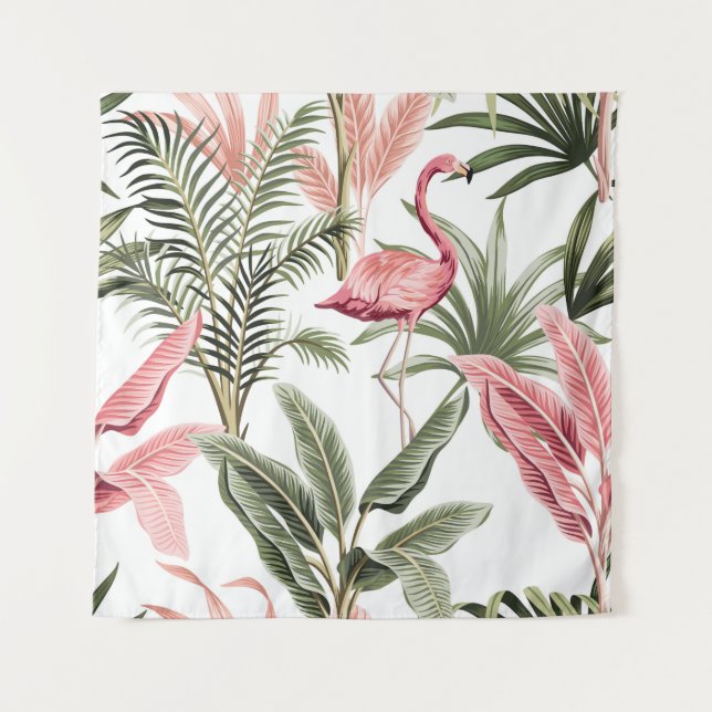 Tropical vintage pink flamingo,  banana trees and  tapestry (Front)