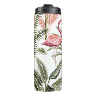 Tropical vintage pink flamingo, banana trees and thermal tumbler