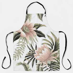 Tropical vintage pink lotus, palm leaves, banana apron