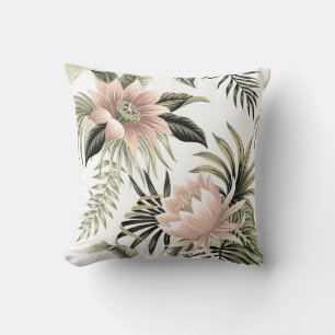 Tropical vintage pink lotus,  palm leaves,  banana cushion