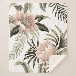 Tropical vintage pink lotus, palm leaves, banana sherpa blanket