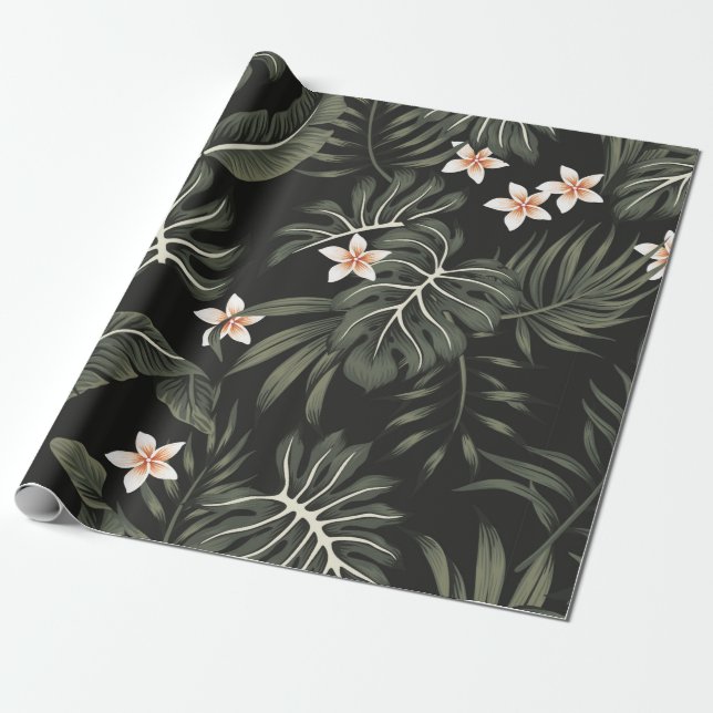 Tropical vintage plumeria flower, strelitzia, palm wrapping paper (Unrolled)