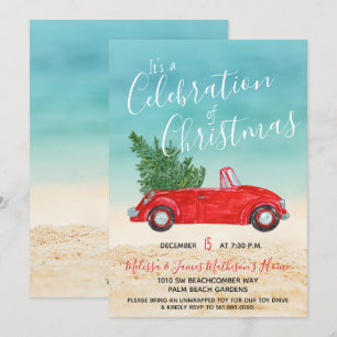 #Tropical Vintage Red Car #Christmas Celebration Invitation