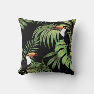 Tropical vintage toucan, palm leaves floral seaml cushion