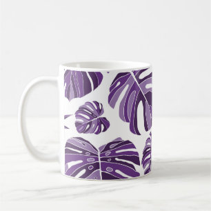 Tropical violet monstera leaves seamless pattern w coffee mug