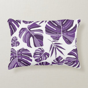 Tropical violet monstera leaves seamless pattern w decorative cushion