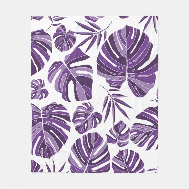 Tropical violet monstera leaves seamless pattern w fleece blanket (Front)