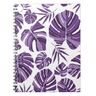 Tropical violet monstera leaves seamless pattern w notebook