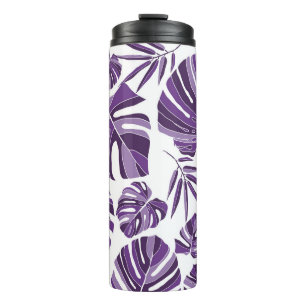 Tropical violet monstera leaves seamless pattern w thermal tumbler
