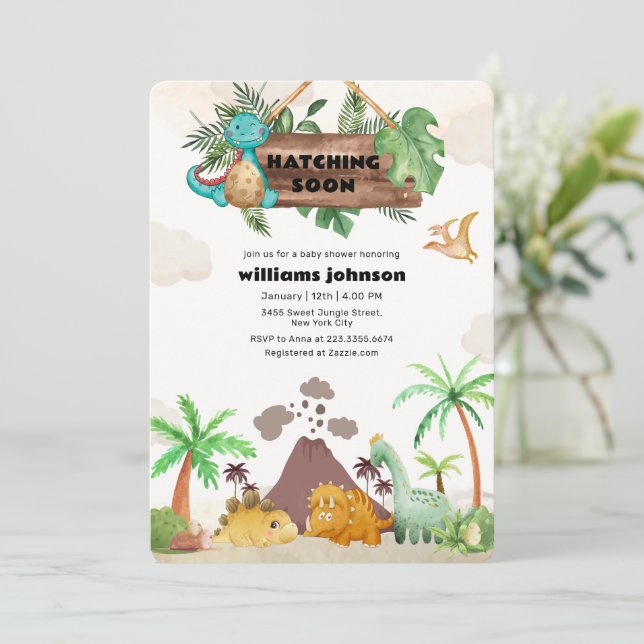 Tropical Volcano Hatching Dinosaur Baby Shower  Invitation (Standing Front)