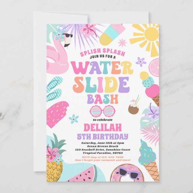  Tropical Water Slide Summer Birthday Party Invitation (Front)