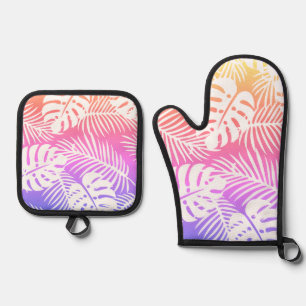 Tropical watercolor autumn, summer leaf patterns oven mitt & pot holder set