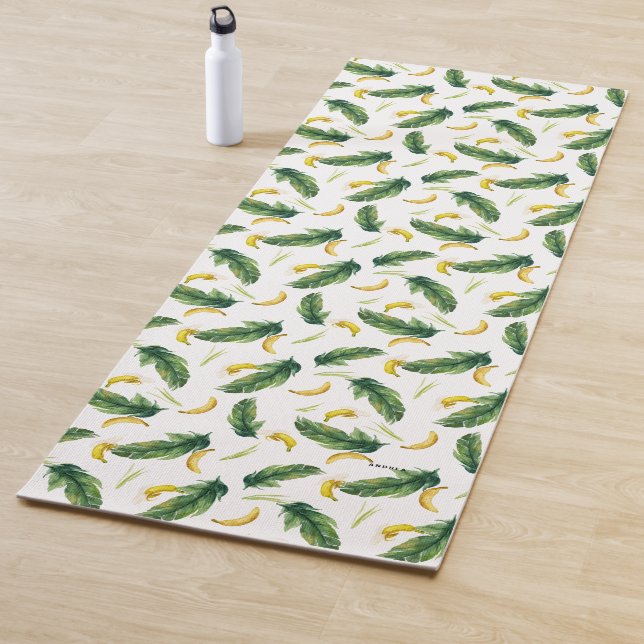 Tropical Watercolor Banana Leaves & Banana Pattern Yoga Mat (In Situ)
