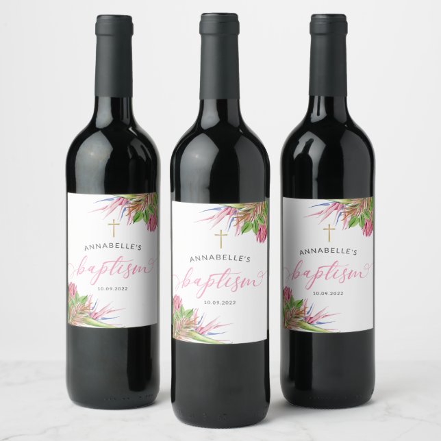Tropical Watercolor Baptism  Wine Label (Bottles)
