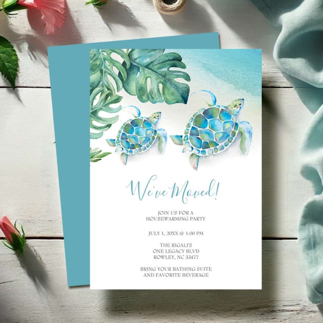 Tropical Watercolor Beach Housewarming Party  Invitation (New address moving announcement cards tropical beach seat turtle watercolor Victoria Grigaliunas)
