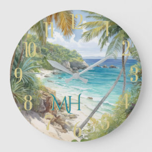 Tropical Watercolor Beach Lagoon Paradise  Large Clock
