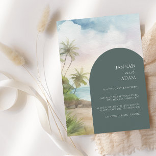 Tropical Watercolor Beach Palm Trees Wedding Invitation