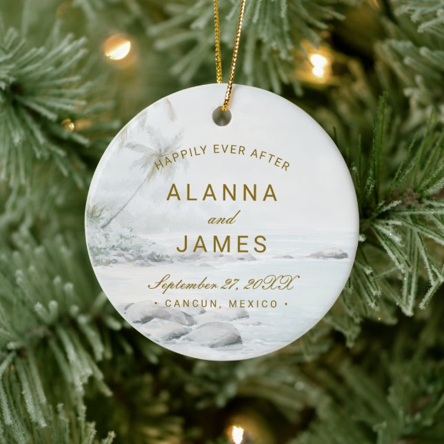 Tropical Watercolor Beach Wedding Photo Ornament (Tree)