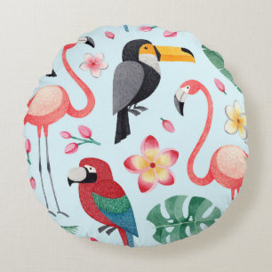 Tropical Watercolor: Bird-Flower Fusion. Round Cushion
