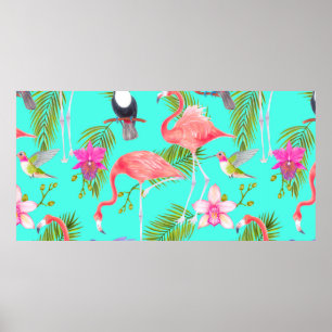 Tropical watercolor birds seamless pattern poster