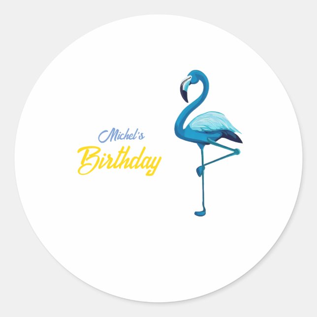 Tropical Watercolor Blue Flamingo Gold Classic Round Sticker (Front)