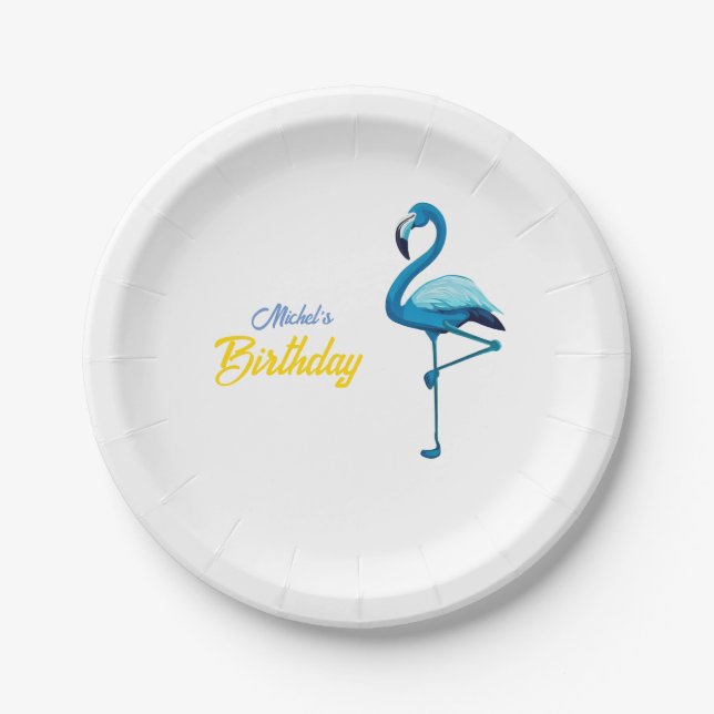 Tropical Watercolor Blue Flamingo Gold Paper Plate (Front)