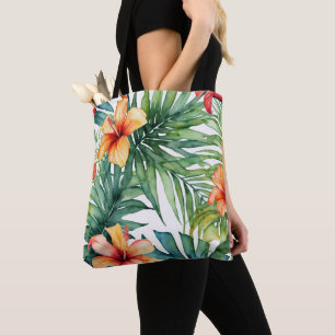 Tropical Watercolor Botanical Art Palm Hibiscus Tote Bag