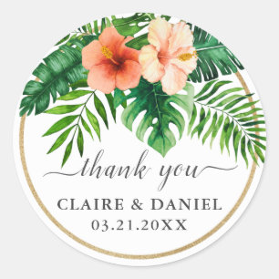 Tropical Watercolor Botanical Wedding Thank You Classic Round Sticker