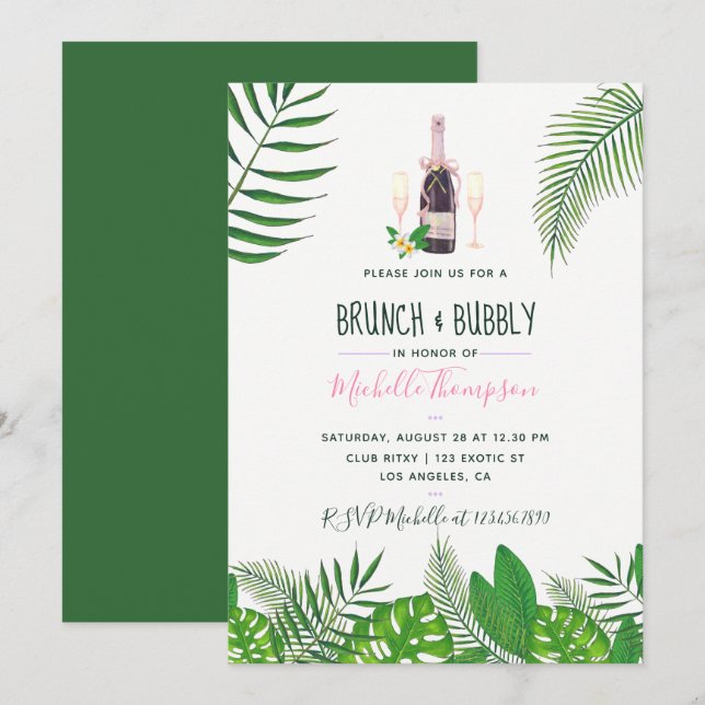 Tropical Watercolor Brunch & Bubbly Bridal Shower Invitation (Front/Back)