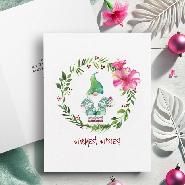 Tropical Watercolor Christmas Cards (Tropical Christmas cards watercolor Santa and wreath art by Victoria Grigaliunas of Do Tell A Belle.)
